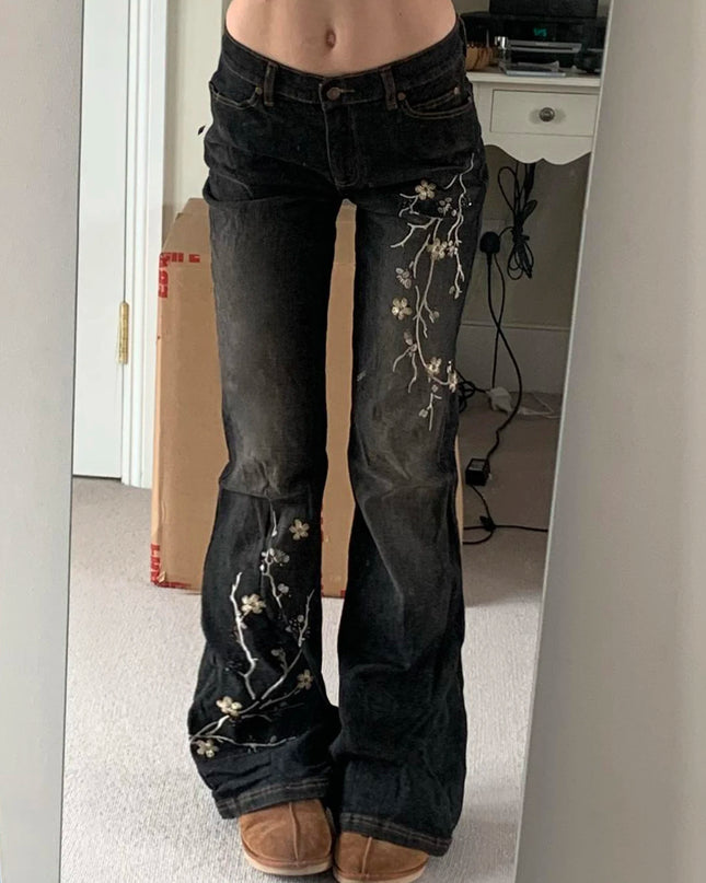 Women's Floral Embroidered Low Rise Flared Denim Jeans  
