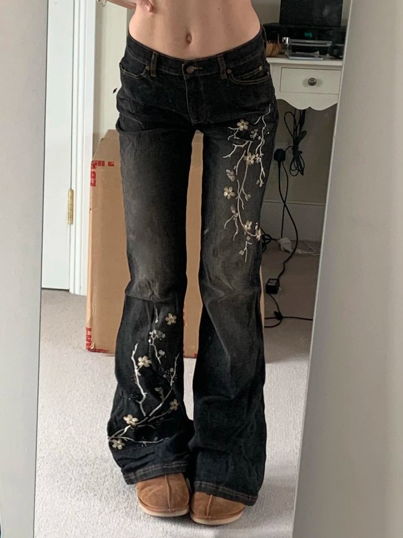 Women's Floral Embroidered Low Rise Flared Denim Jeans  