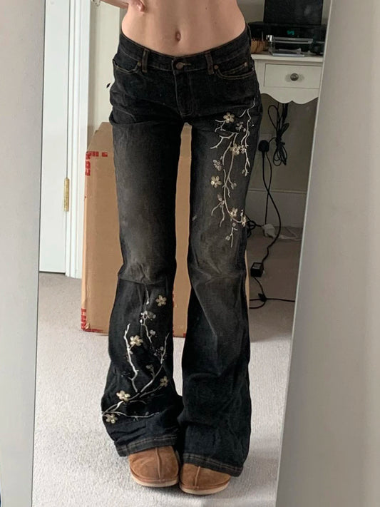 Women's Floral Embroidered Low Rise Flared Denim Jeans  