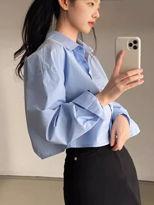Casual Long Sleeve Women's Shirt - Korean Style Button-Up Blouse