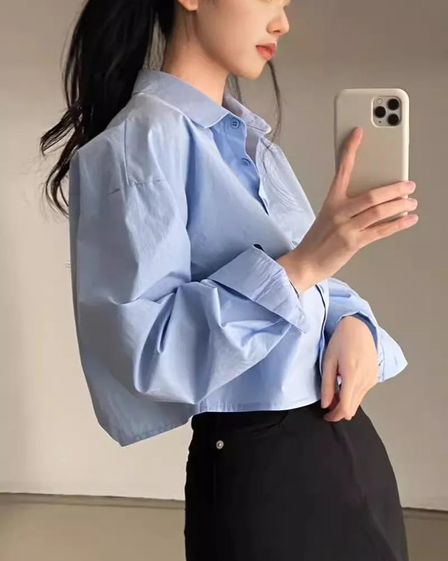 Casual Long Sleeve Women's Shirt - Korean Style Button-Up Blouse