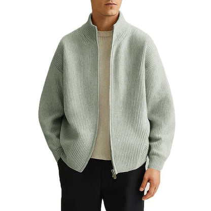 Men's Full Zip Cardigan Sweater with Mock Neck - Ribbed Knitted Men's Casual Sweater