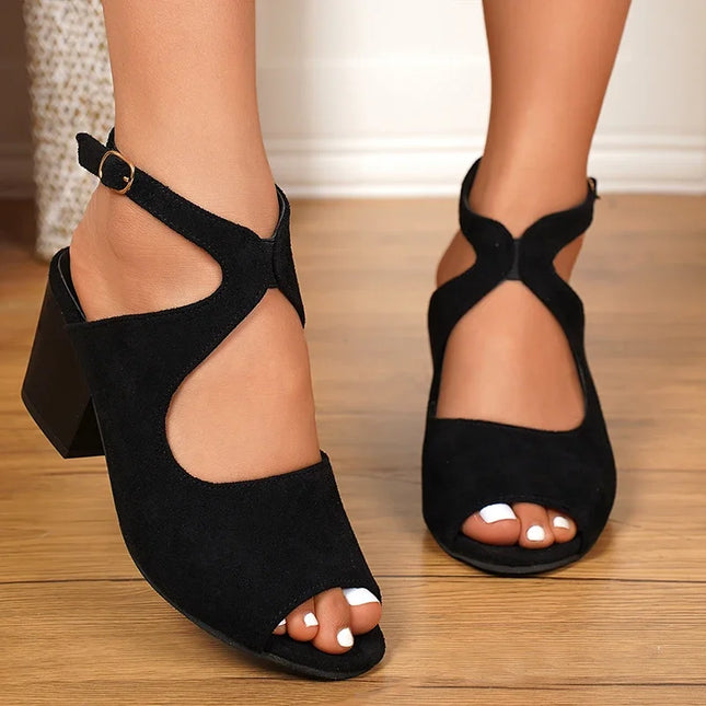 Women's Ankle Wrap Flock Sandals with Cross Straps, Thick Sole, Square Heel, and Non-Slip