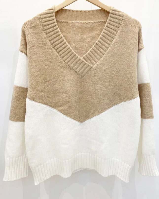 Women's Knitted Sweater with Color Panel and Cut-Out Neckline