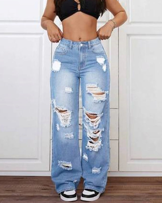 Women's Ripped Knee-Piercing Loose Fit Casual Jeans