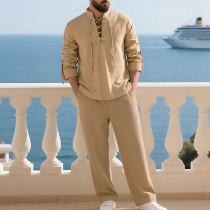 2-Piece Men's Cotton Linen Shirt and Pants Set