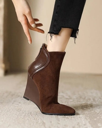 Women's Faux Leather Wedge Heels - Pointed Toe Suede Shoes with Zipper,