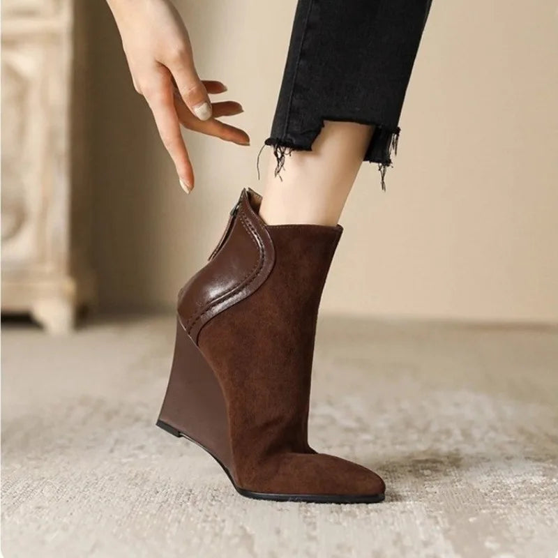 Women's Faux Leather Wedge Heels - Pointed Toe Suede Shoes with Zipper,