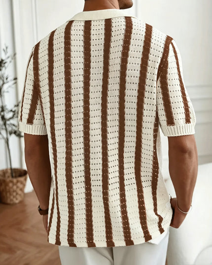 Men's Short Sleeve Striped Knit Polo Shirt - Button-Down Mesh Fabric