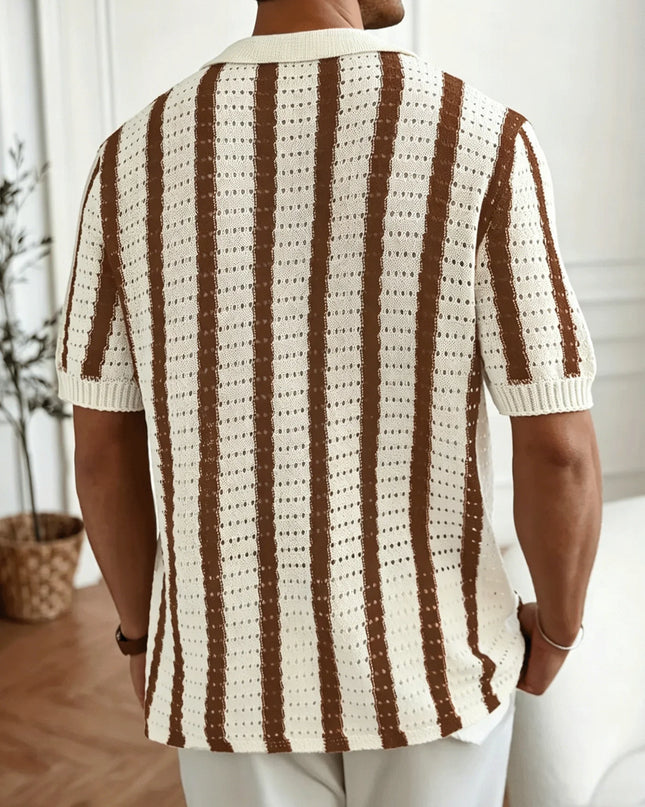 Men's Short Sleeve Striped Knit Polo Shirt - Button-Down Mesh Fabric
