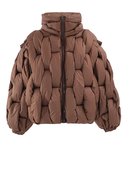 Unisex Thick Parka Jacket: Square Weave High Collar Warm Puffer Coat