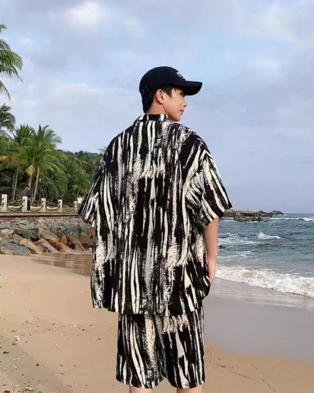 Men's Two-Piece Loose Fit Striped Shirt and Shorts Set