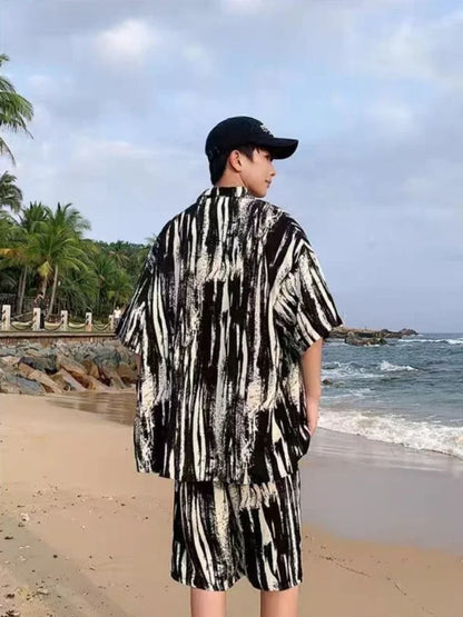 Men's Two-Piece Loose Fit Striped Shirt and Shorts Set