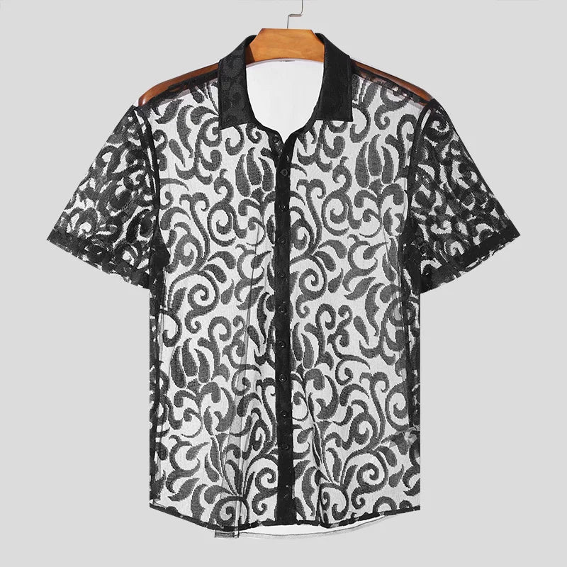 Incerun Men's Short Sleeve Shirt with Lace Lapel and Transparent Design