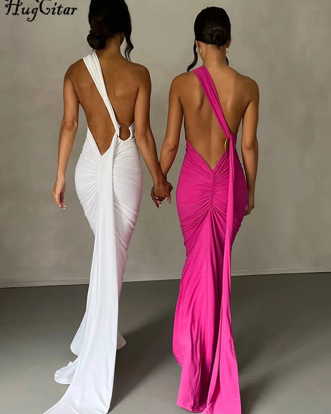 Hugcitar Adjustable Backless Ruched Dress with Single Shoulder and Scarf Loop for Women