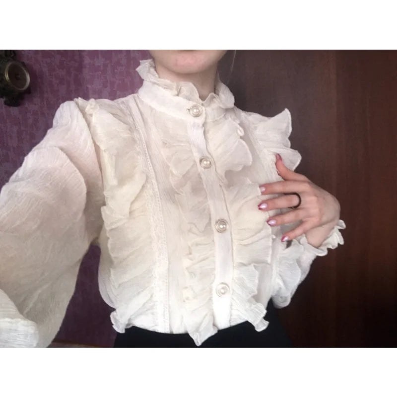 Women's Long Sleeve Loose Button-Front Elegant Stand Collar Ruffle Lace Blouse