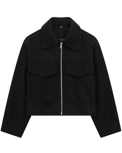 Women's Long Sleeve Woolen Zipper Jacket with Pockets