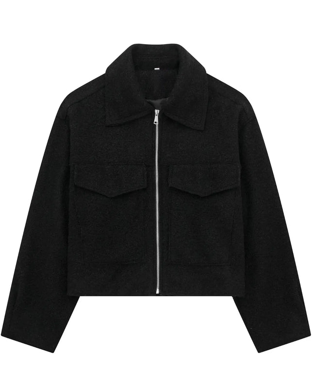 Women's Long Sleeve Woolen Zipper Jacket with Pockets