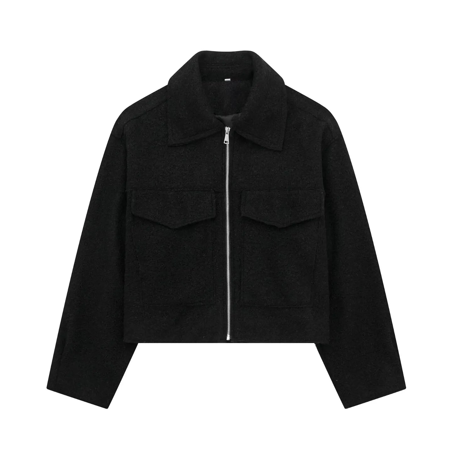 Women's Long Sleeve Woolen Zipper Jacket with Pockets