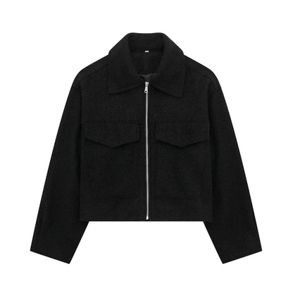 Women's Long Sleeve Woolen Zipper Jacket with Pockets