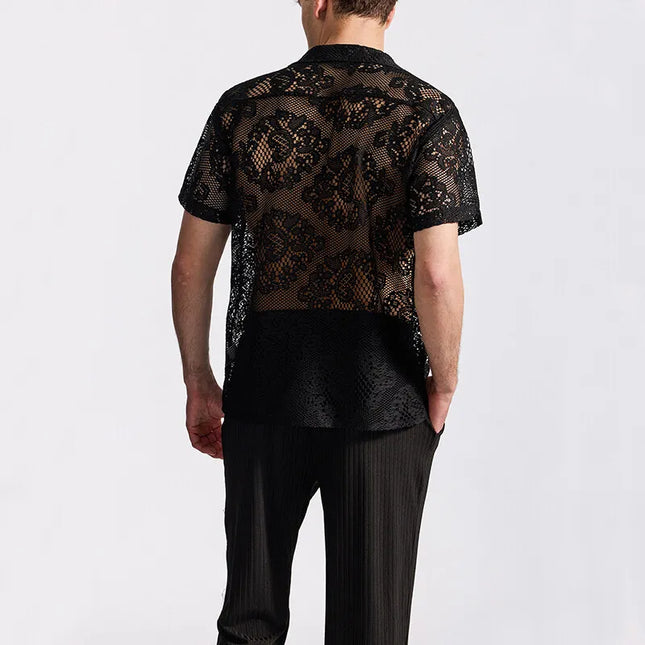 Men's Short Sleeve Mesh Lace Knit Shirt