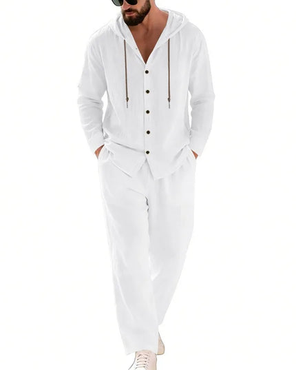 Men's 2-Piece Casual Outfit with Hooded Button-Down Shirt and Long Pants Set