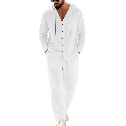 Men's 2-Piece Casual Outfit with Hooded Button-Down Shirt and Long Pants Set