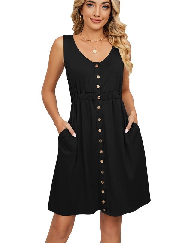Women’s Sleeveless Button-Down Dress with Elastic Waist – Swing Style, Loose Fit