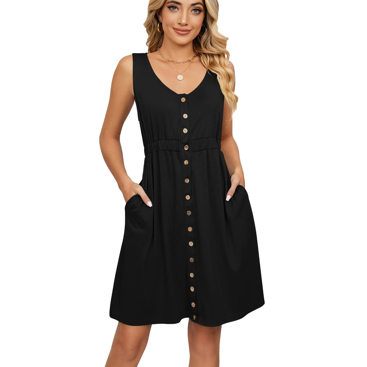 Women’s Sleeveless Button-Down Dress with Elastic Waist – Swing Style, Loose Fit