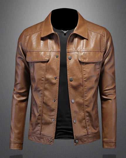 Men's Slim Fit Faux Leather Lapel Jacket - Stylish & Trendy Outerwear