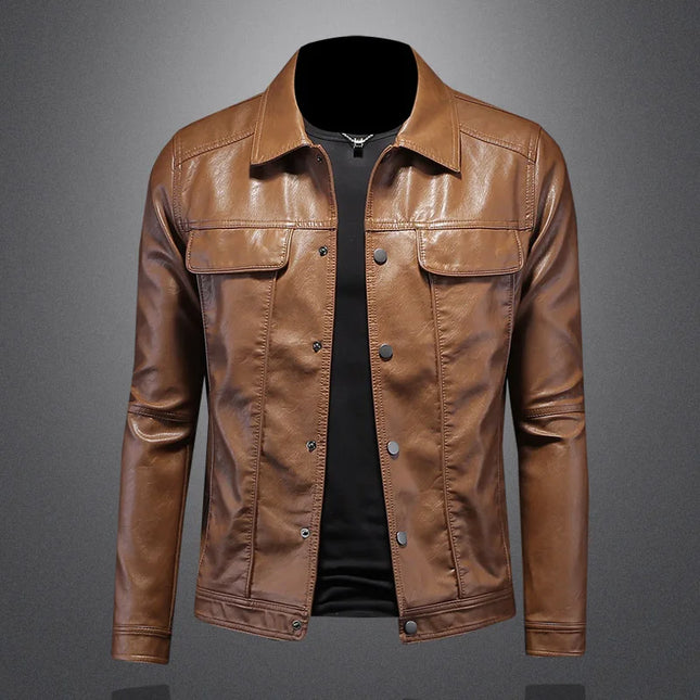 Men's Slim Fit Faux Leather Lapel Jacket - Stylish & Trendy Outerwear