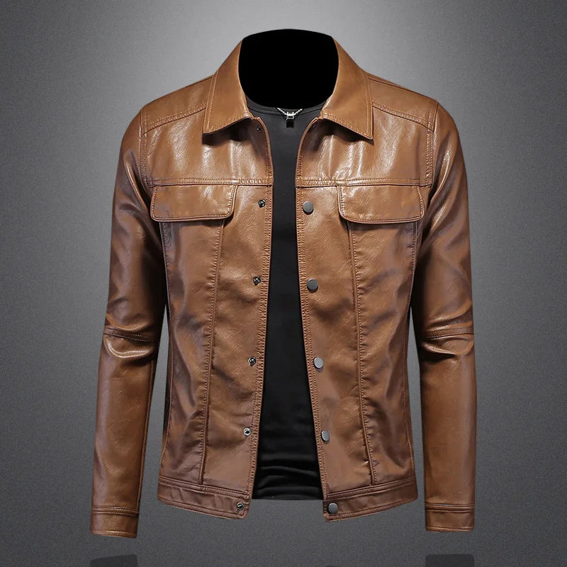 Men's Slim Fit Faux Leather Lapel Jacket - Stylish & Trendy Outerwear