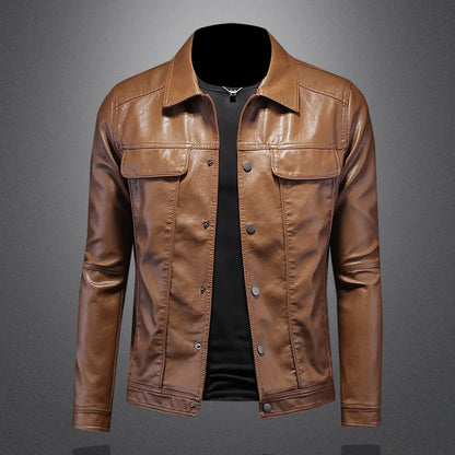 Men's Slim Fit Faux Leather Lapel Jacket - Stylish & Trendy Outerwear