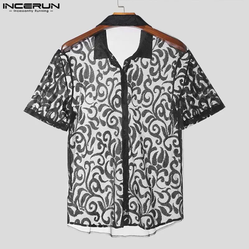 Incerun Men's Short Sleeve Shirt with Lace Lapel and Transparent Design