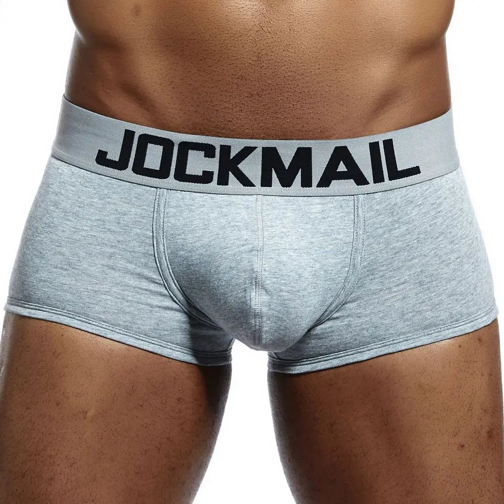 Gray boxer briefs with 'Jockmail' waistband on a white background