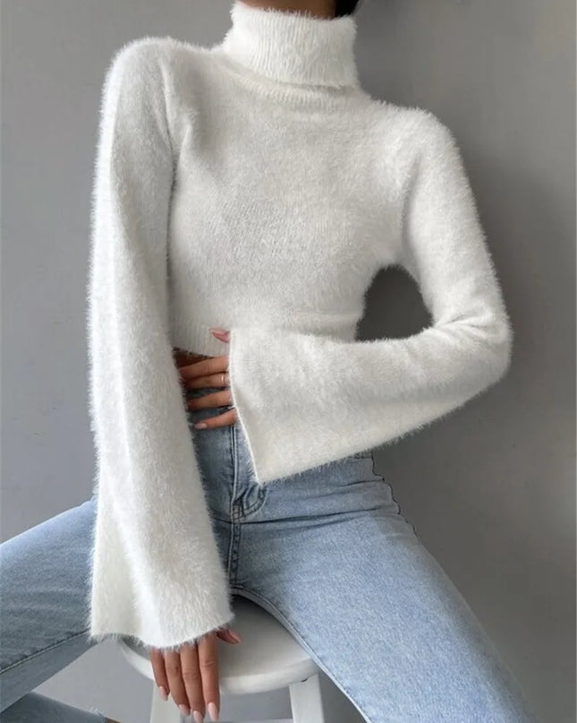 Women's Short Flare Sleeve Mock Neck Cropped Knit Sweater