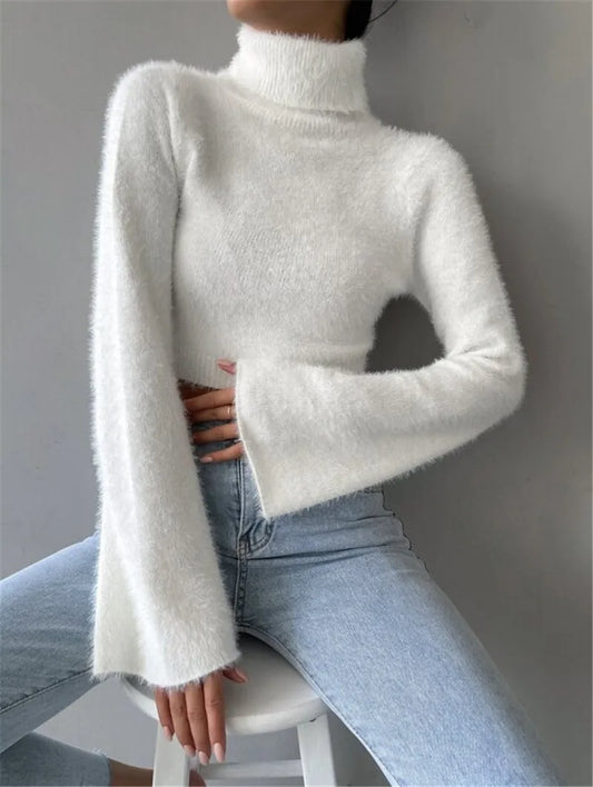 Women's Short Flare Sleeve Mock Neck Cropped Knit Sweater