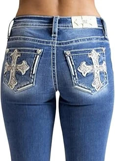 Women's Washed Loose Straight Jeans with Cross Logo