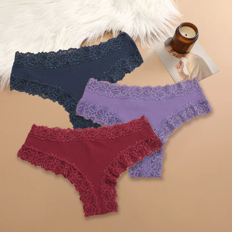 Set of 3 Women's Cotton Lace Panties - Floral Print & Trendy Patchwork Briefs