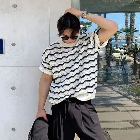 Men's Knit Jacquard Striped Hollow-Out Casual T-Shirt