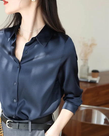 Elegant Satin Women's Blouse with Long Sleeves and Turn-down Collar
