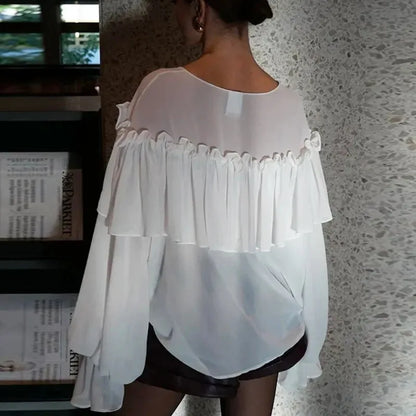 Elegant Women's Chiffon Blouse with V-Neck, See-Through Design, Ruffle Details