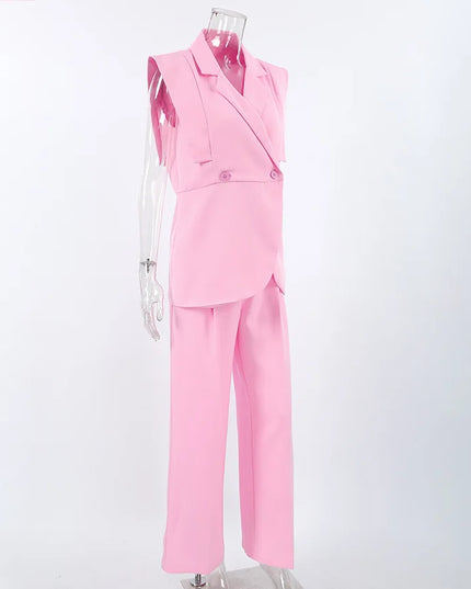 Women's Two-Piece Waistcoat and Wide-Leg Pants Set - Sleeveless Lapel Blazer Vest with Two Buttons