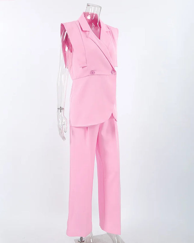 Women's Two-Piece Waistcoat and Wide-Leg Pants Set - Sleeveless Lapel Blazer Vest with Two Buttons