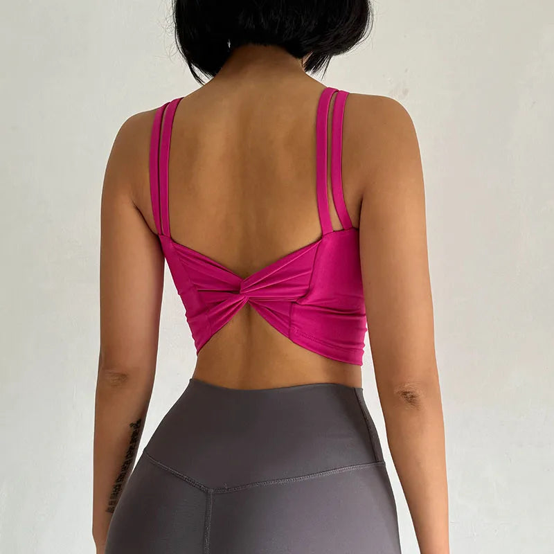 Women's Push-Up Sports Bra with Fixed Padding and Knotted Back