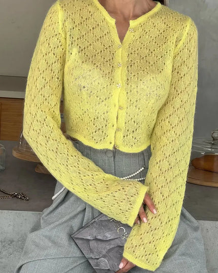 Women's Hollow Out Knit Cardigan - Long Sleeve Casual Cropped See-Through Knitwear