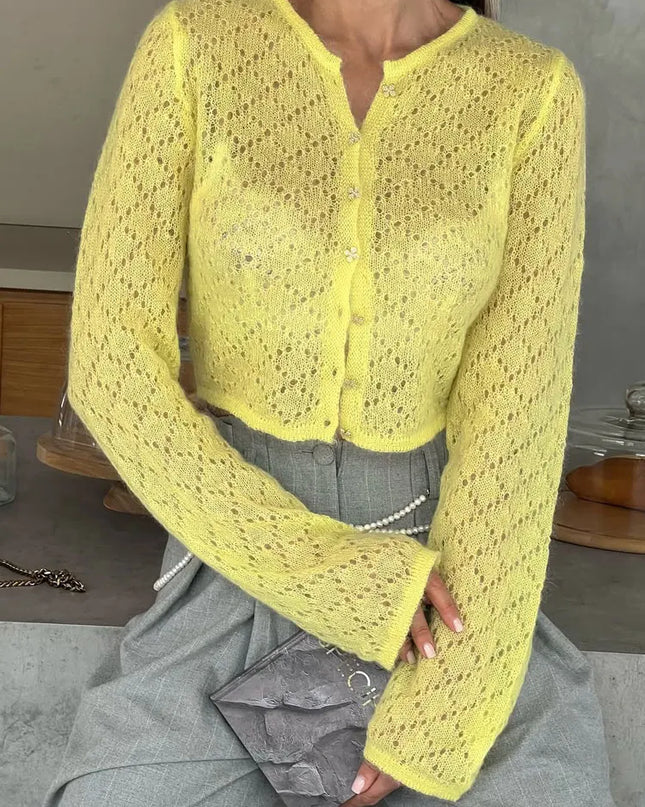 Women's Hollow Out Knit Cardigan - Long Sleeve Casual Cropped See-Through Knitwear