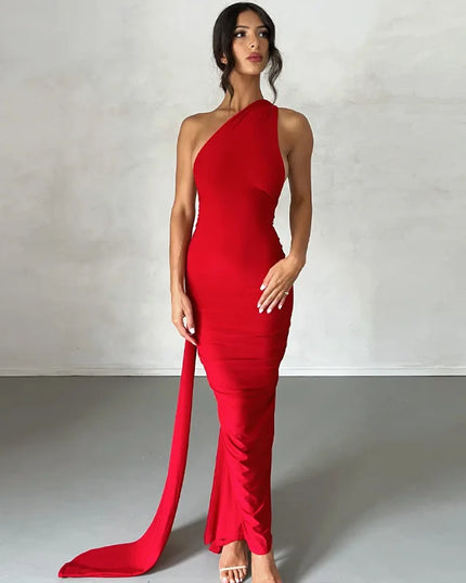 Hugcitar Adjustable Backless Ruched Dress with Single Shoulder and Scarf Loop for Women