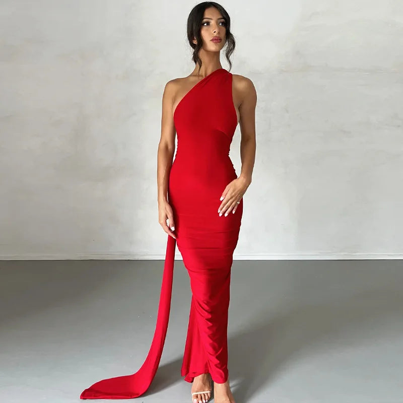 Hugcitar Adjustable Backless Ruched Dress with Single Shoulder and Scarf Loop for Women
