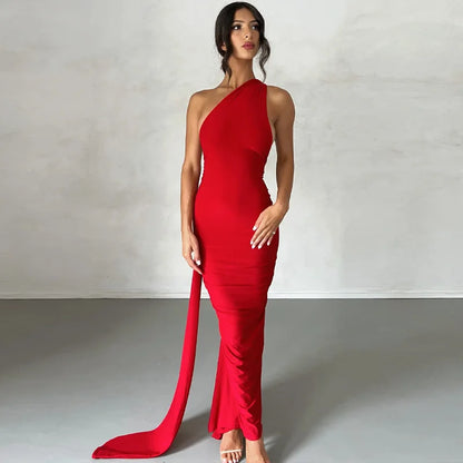 Hugcitar Adjustable Backless Ruched Dress with Single Shoulder and Scarf Loop for Women